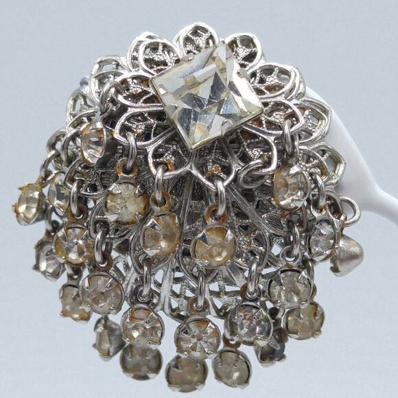 Vintage Waterfall Clip Earrings, Clear Rhinestones, Silver Tone Filigree Dangles - Picture 2 of 10